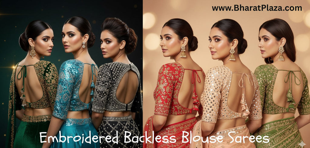 Embroidered Backless Blouse Sarees 2025 – Glamorous Bollywood Trends by BharatPlaza