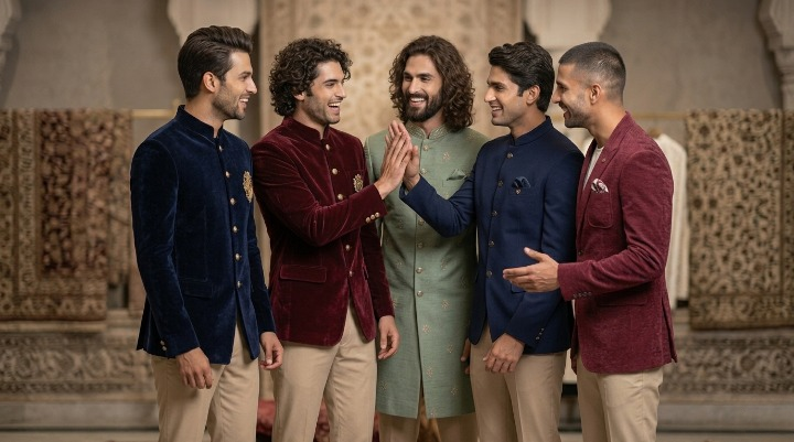 In Texas and California, groomsmen and brothers of the groom could get dressed in velvet Indo-Western dress and royal Jodhpuri suits.