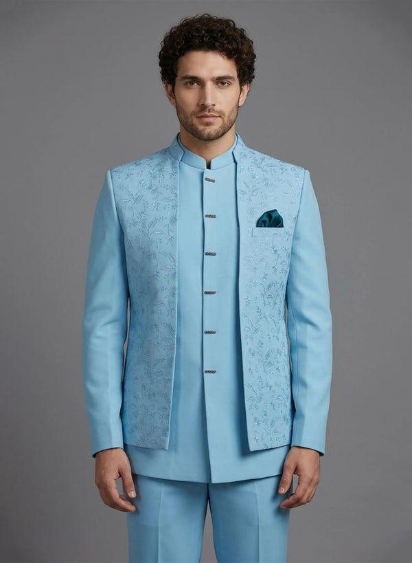 Light sky-embroidered groomsmen at New York Indian weddings
