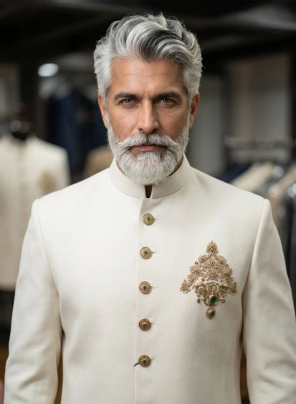 Luxury Ivory Thai Silk Grooms Father Jodhpuri Suit in London, UK | BharatPlaza