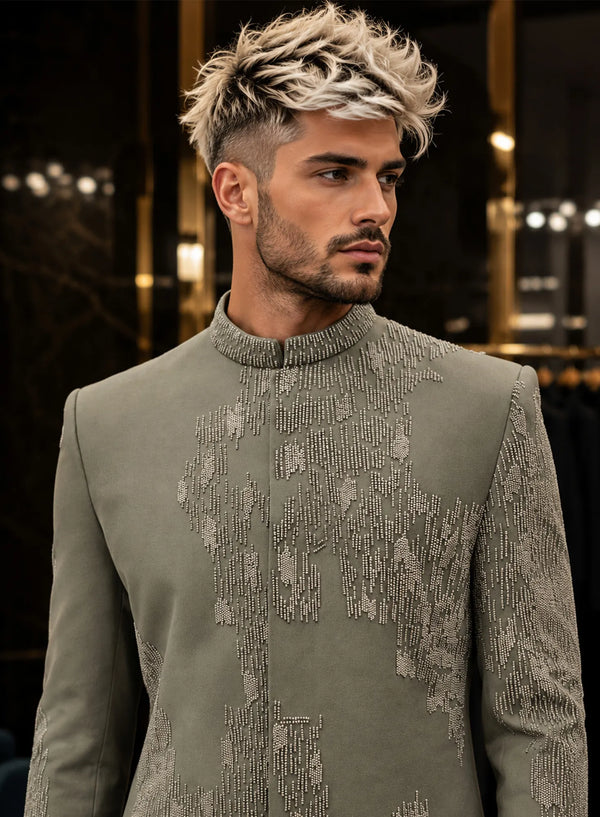 Sage Green Indo-Western Suit for Groom in London, UK | BharatPlaza