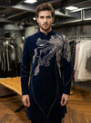 Luxury Navy Blue Flock Velvet Groom Indo-Western with Crystal Embroidery in London Wedding Reception