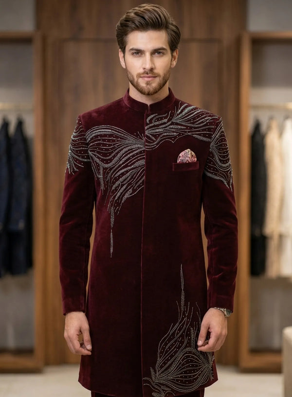 Luxury Wine Premium Flock Velvet Designer Indo-Western Groom Outfit London | BharatPlaza