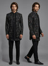 Luxury black layered Jodhpuri with V-neck inner jacket for groom and father in Toronto weddings