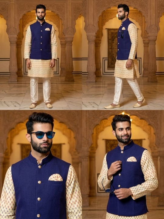 Cream Printed Cot Silk Kurta with Royal Blue Velvet Modi Jacket