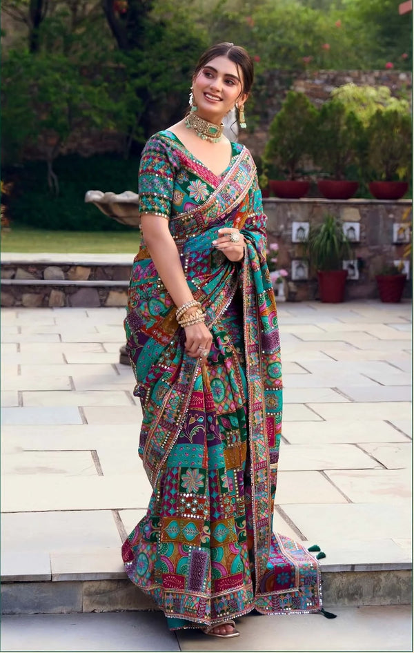Vibrant Multicolor Premium HO Designer Saree with elegant mirror work and rich detailing for wedding wear | BharatPlaza