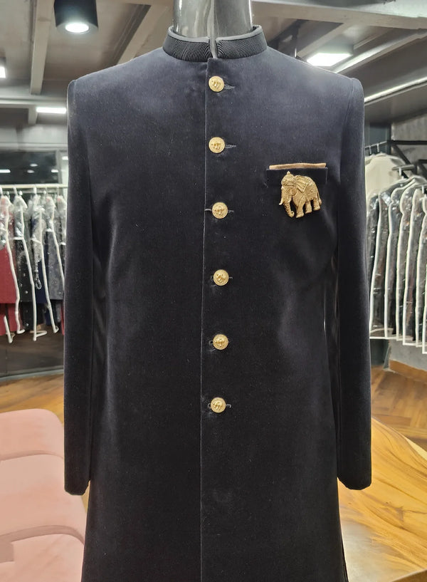 Designer Black Velvet Indo Western featuring Handcrafted Embroidered Elephant Motif in London | BharatPlaza