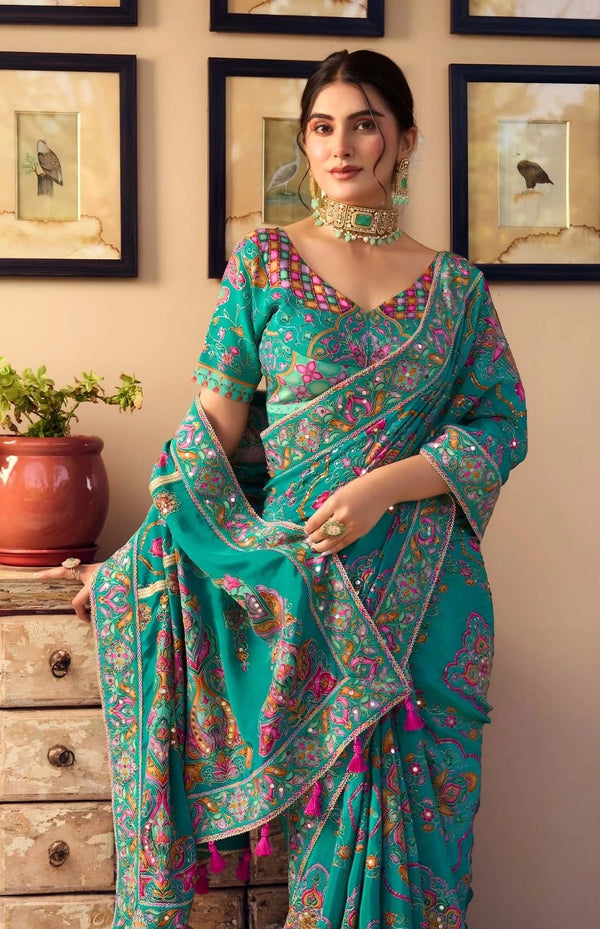 Emerald Green Floral Sequin Premium HO Designer Saree showcasing elegant readymade blouse for wedding wear | BharatPlaza