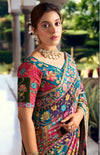 Teal Floral Zari HO Designer Saree with dazzling mirror and sequin work for wedding & festive wear | BharatPlaza