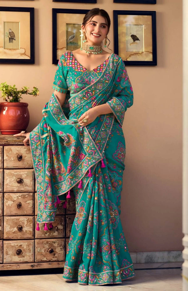 Emerald Green Floral Sequin Premium HO Designer Saree featuring rich intricate borders for wedding wear | BharatPlaza