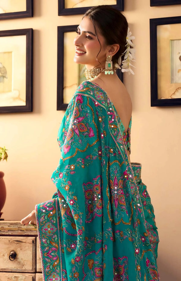 Emerald Green Floral Sequin Premium HO Designer Saree displaying stunning back design for wedding wear | BharatPlaza