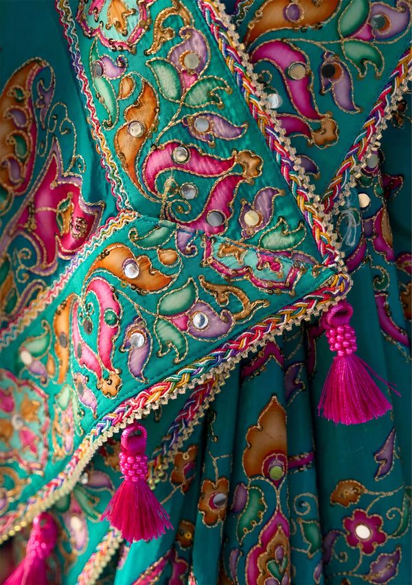 Emerald Green Floral Sequin Premium HO Designer Saree highlighting detailed tassel work for wedding wear | BharatPlaza