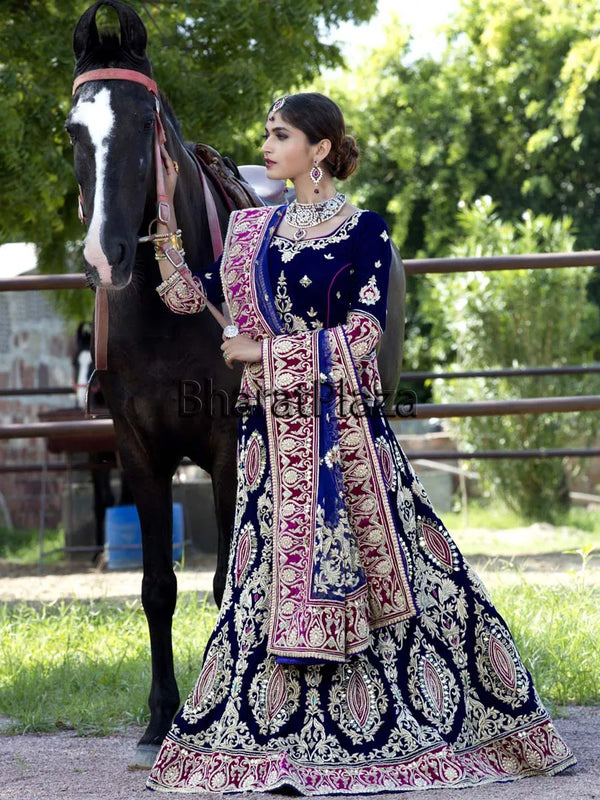 Royal Midnight Blue Velvet Bridal Lehenga with Heavy Zardozi Hand Embroidery - Bharat Plaza