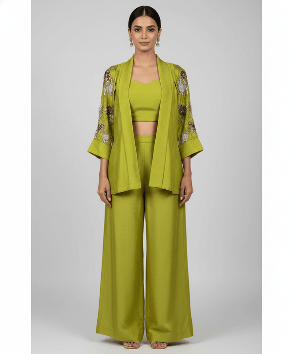 Chartreuse Green Nokia Silk Designer Indo Western Set for Dubai UAE Wedding Events