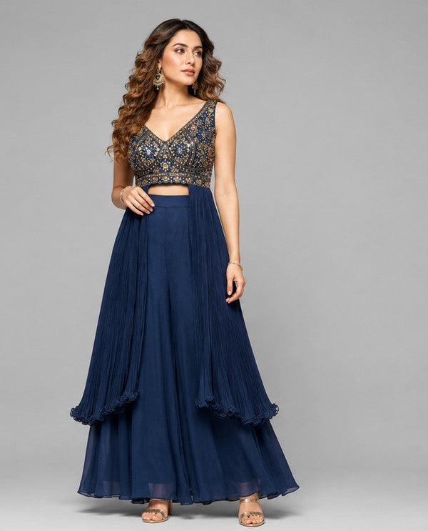 Designer Navy Blue Silk Top And Chinon Palazzo Outfit For Bridesmaid In Jaipur India