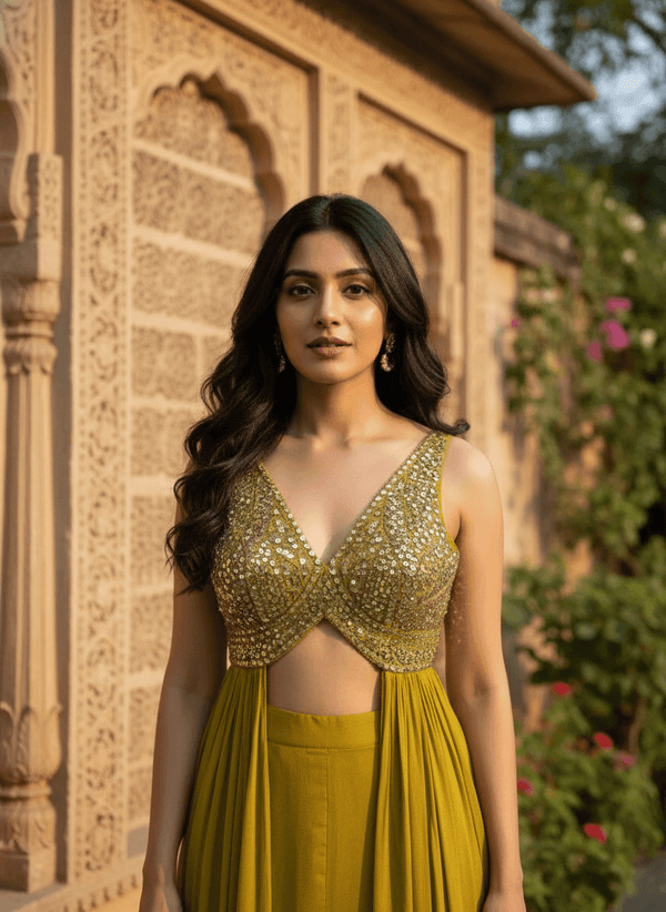 Deep Neck Premium Designer Haldi Mehendi Outfit for Mumbai India Celebration