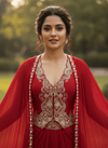 Crimson Red Silk Embroidered Indo-Western Set for Dubai UAE Reception Celebration