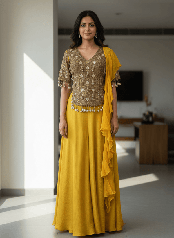 Mustard Yellow Designer Palazzo Outfit for London Indian Wedding Events