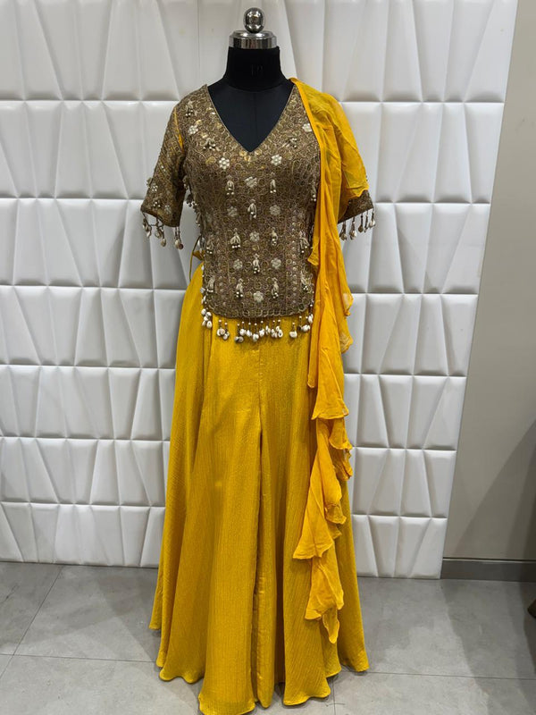 Live Product Photo Mustard Silk Palazzo Set for Vadodara Mehendi Function