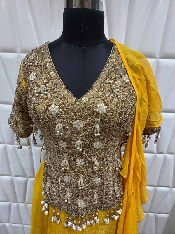 Original Designer Mustard Indo Western Outfit Image for Ahmedabad Haldi Celebration