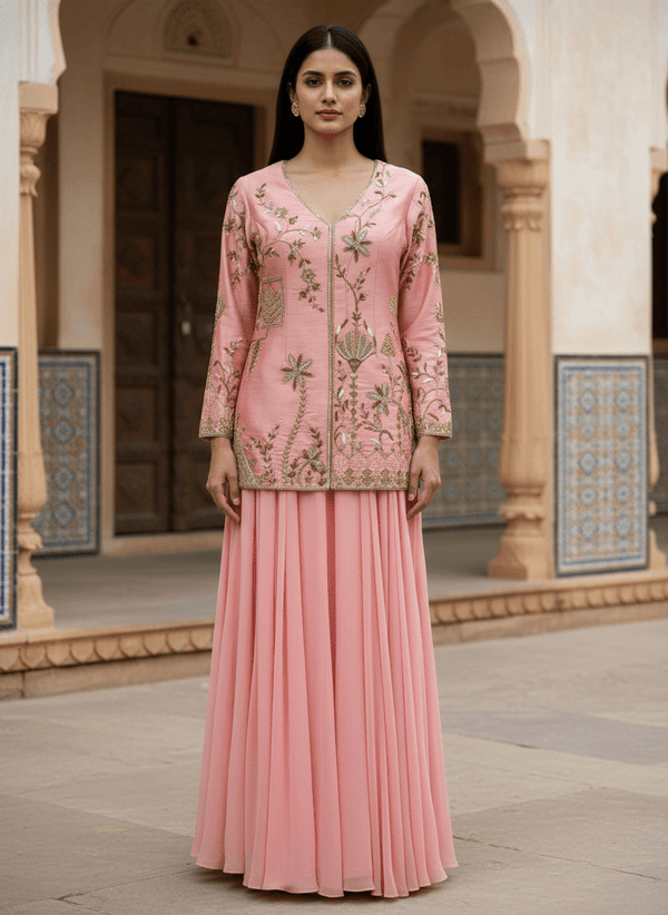 Blush Pink Embroidered Silk Long Choli Palazzo Set for Women | Indo Western