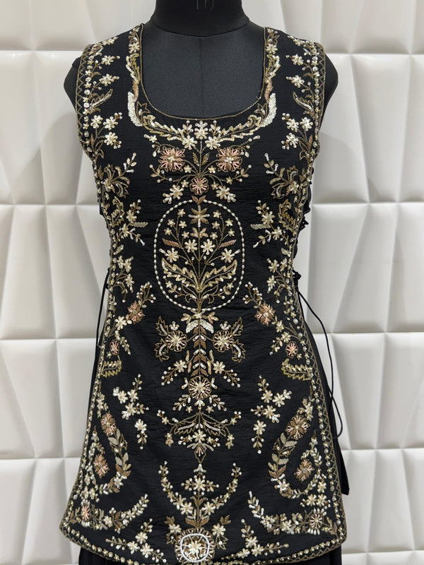 Black Silk Long Choli Palazzo with Bustier and Ruffle Dupatta for Wedding Guest Look in London