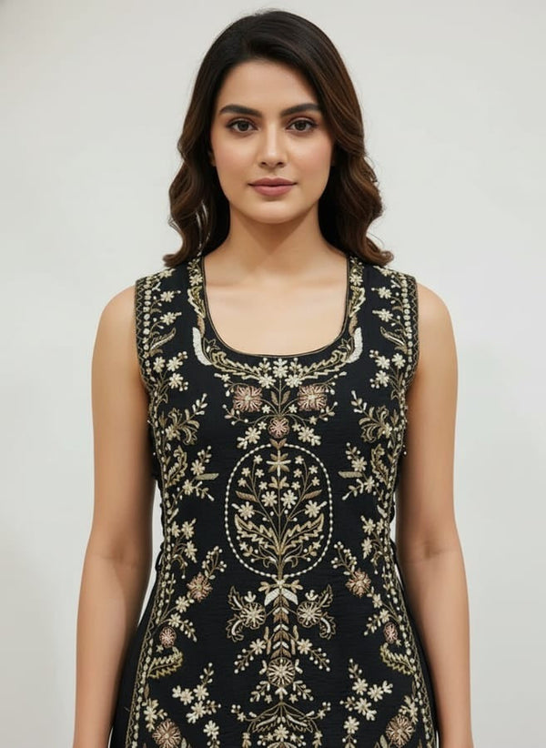 Black Embroidered Long Choli Palazzo Set for Luxury Sangeet Celebration in Mumbai