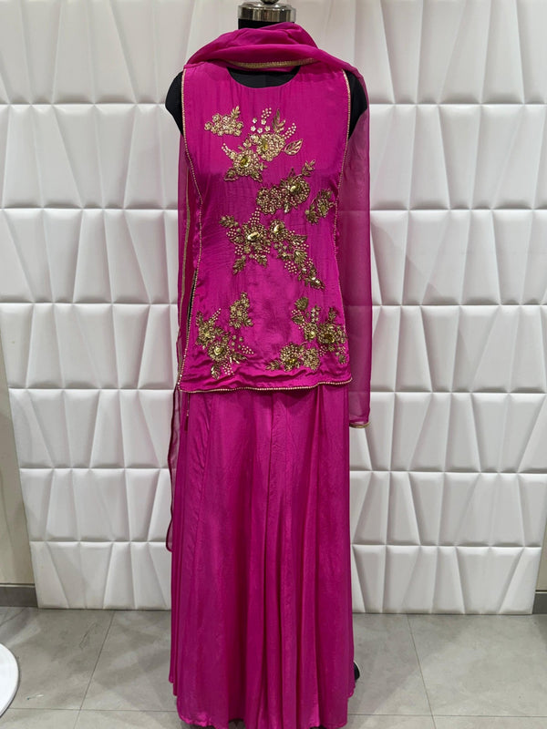 Floral Hand Embroidered Hot Pink Habutai Silk Top With Premium Ethnic Detailing Original View
