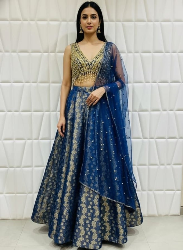 Royal Blue Indo Western Kali Palazzo Set With Mirror Work Top And Net Dupatta