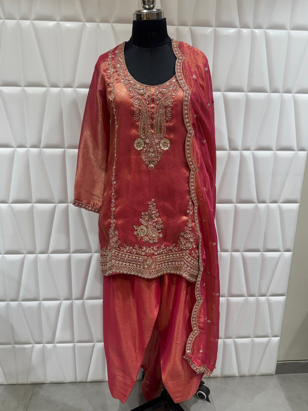 Elegant Peach Rose Farsi Salwar Suit With Dupatta Border Work For Reception In London