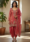 Peach Rose Tissue Embossed Indo Western Farsi Salwar Suit For Wedding Functions In Jaipur