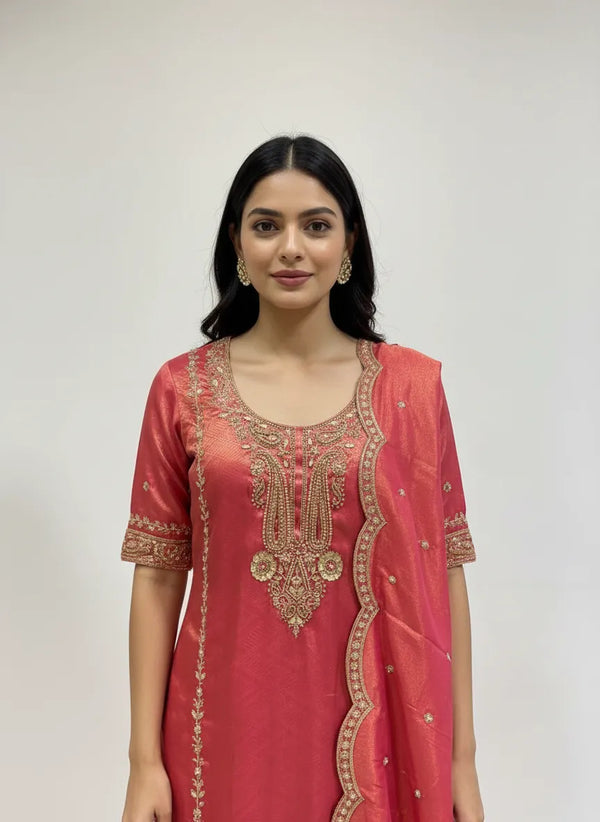 Designer Peach Rose Ethnic Suit With Embroidered Neckline For Family Events In Ahmedabad