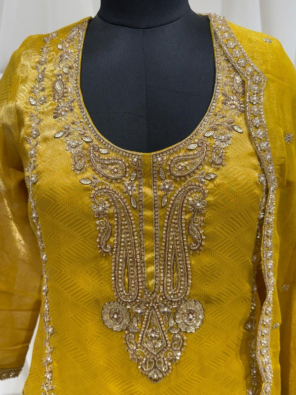 Close View Of Embellished Neckline On Mustard Gold Tissue Ethnic Suit at Kuwait