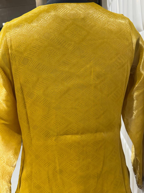 Back View Of Premium Mustard Gold Tissue Embossed Indo Western Salwar Suit in Baroda