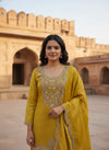 Mustard Yellow Tissue Embossed Indo Western Farsi Salwar Suit For Mehendi Function In Jaipur India