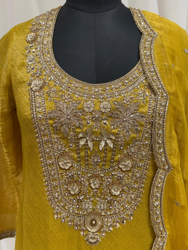Modern Indo-Western Farsi Salwar Wedding Guest Outfit In Mustard Yellow for Sydney, Australia