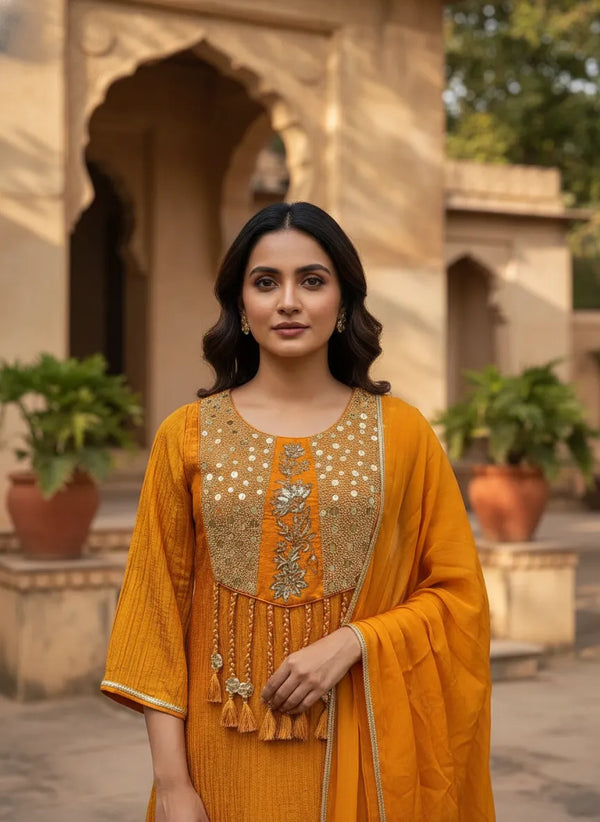 For the Amritsar Mehendi Ceremony, a Punjabi-style Indo-Western Suit with an Organza Dupatta