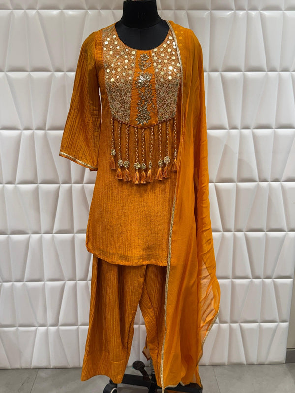 Designer Mustard Orange Wedding Guest Outfit for the Indian Wedding Celebration in Dubai