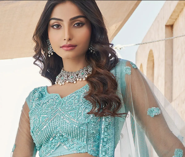 Luxury aqua blue lehenga for Oslo bridesmaids