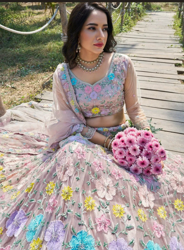 Designer floral net lehenga for Gurgaon engagement parties