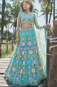 Sky blue resham work floral lehenga for Mumbai wedding celebrations