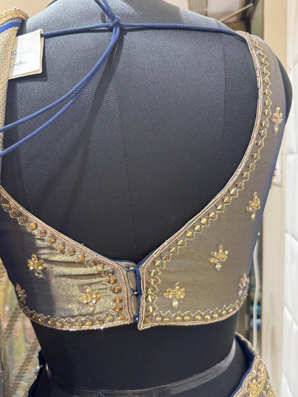 Live Back View of Choli Luxury Banarasi Wedding Guest Ghagra Choli Metallic Antique Gold Toronto