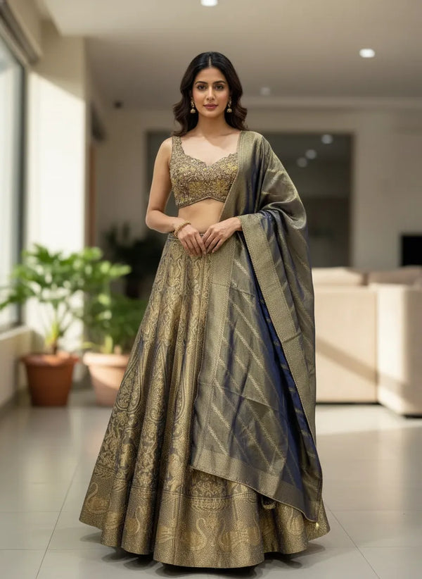 Metallic Antique Gold Banarasi Ghagra Choli for Teenage Girls' at NRI Reception Events Texas