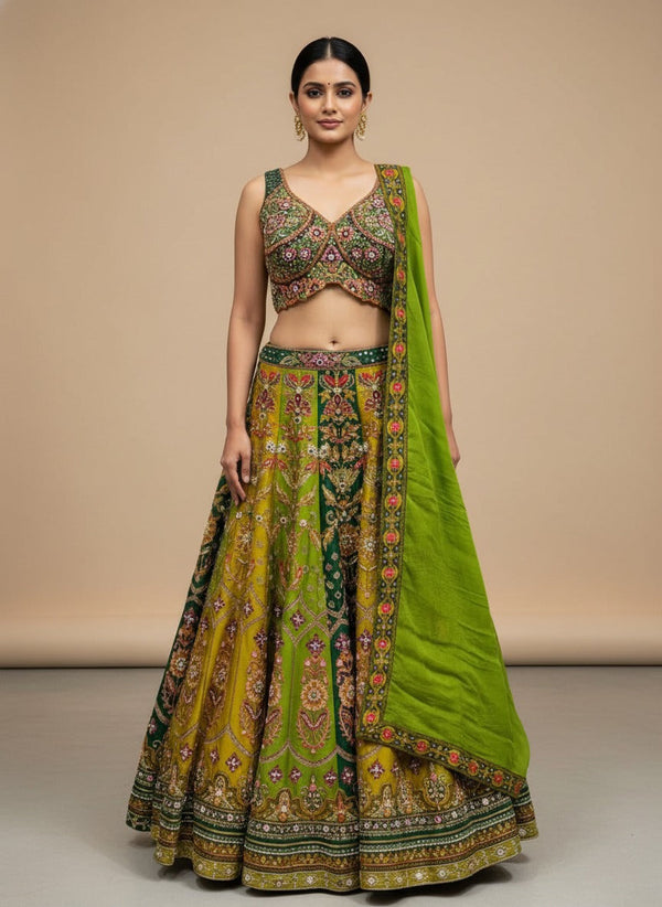 Multi-color silk ghagra choli for a mehendi function in Jaipur Wedding