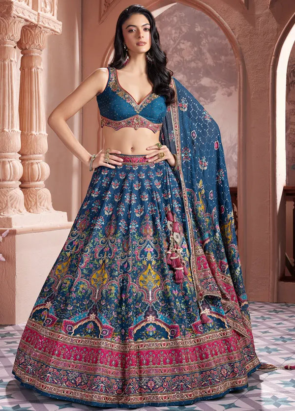 Teal Blue Printed Silk Lehenga Choli For Bride's Sisters & Friends