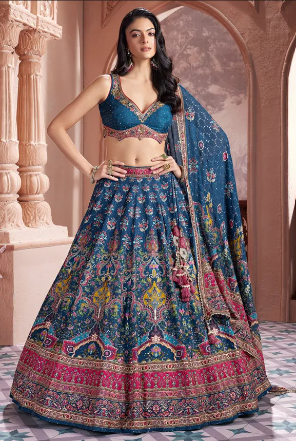 Teal Blue Printed Silk Lehenga Choli For Bride's Sisters & Friends