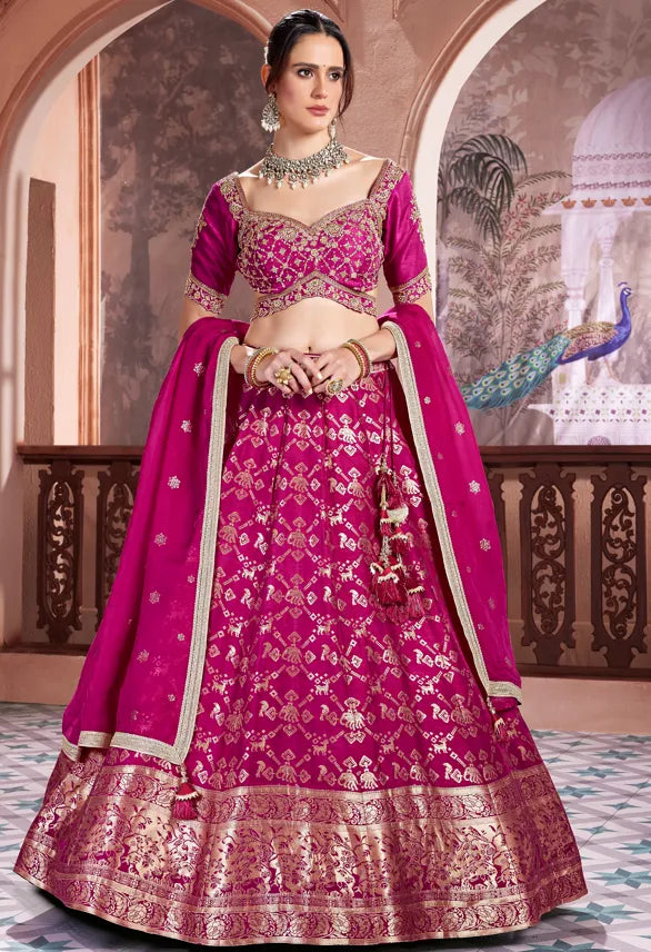 Luxurious Wedding Rani Pink Banarasi Silk Bridal Lehenga Choli QueenPink