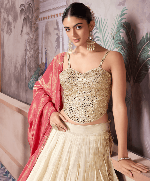 Corset Mirror Work Sangeet Wear in a Cream Tissue Silk Bridal Lehenga