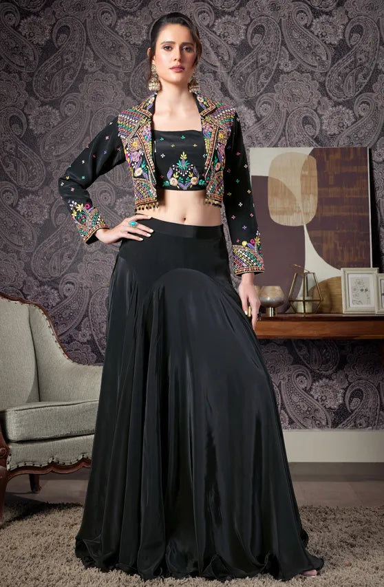 Black indo-style jacket lehenga for bridesmaid sangeet outfit
