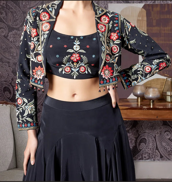 Black jacket lehenga for bridesmaid sangeet look